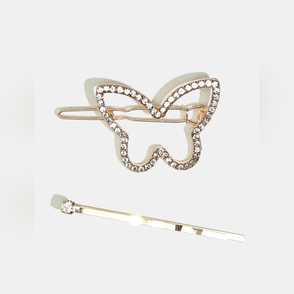 Elegant Butterfly Hair Clip Set - Gold and Rhinestones BNIB